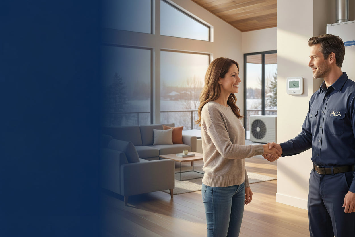 HCA Home Comfort Advisors advertisement with a man and woman shaking hands in a living room.