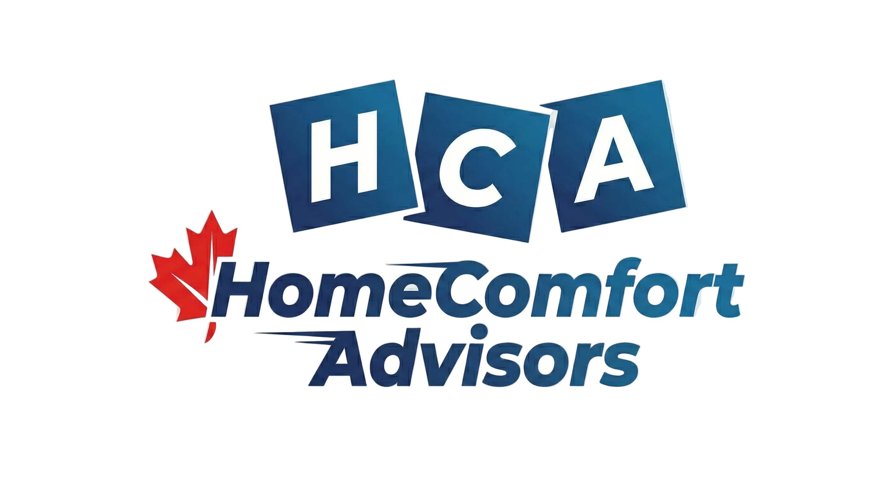 Logo of HomeComfort Advisors with a blue 'HCA' and red maple leaf on a light gray background