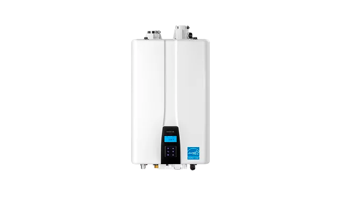 White water heater with digital display on a white background