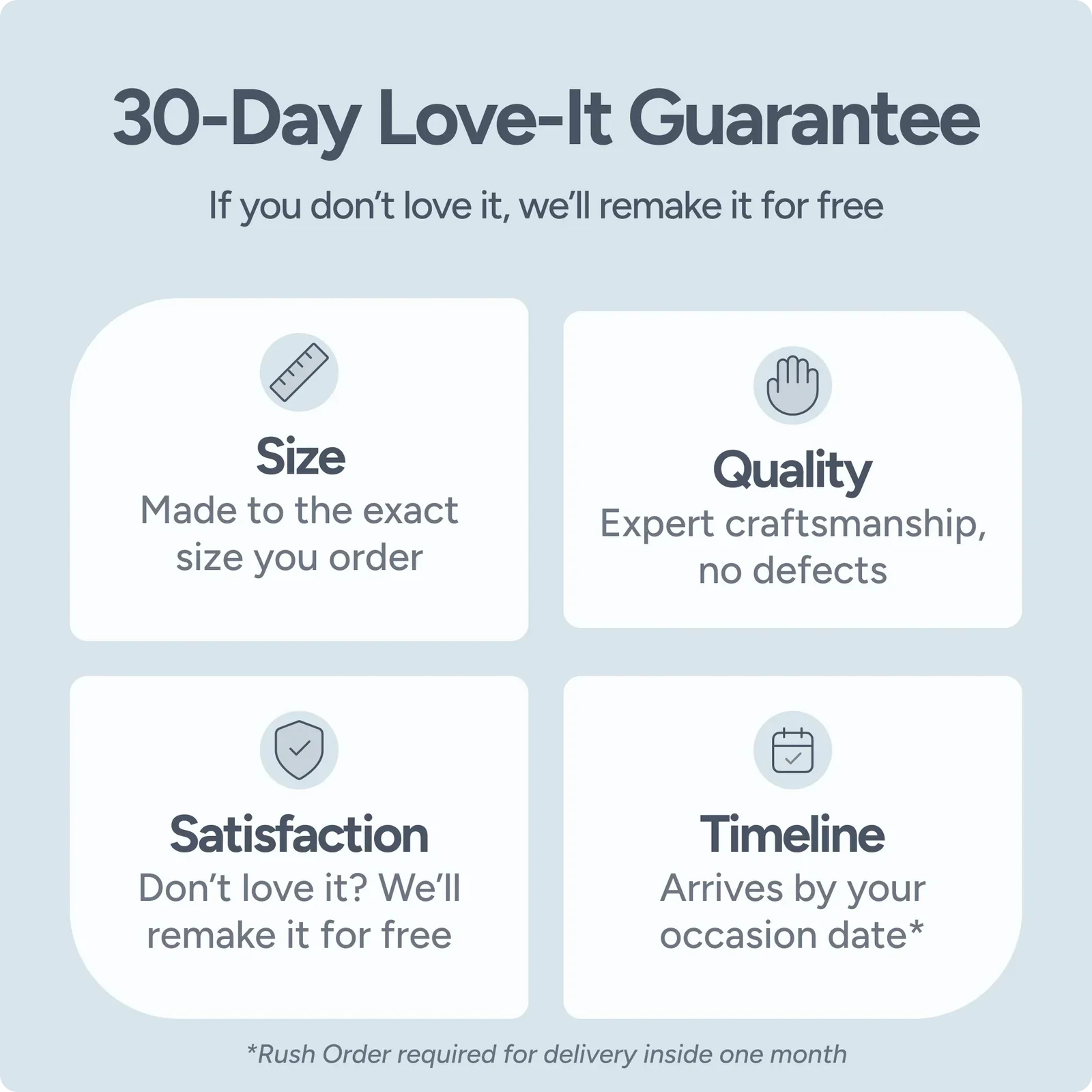 Promotional graphic for a 30-Day Love-It Guarantee with icons and text on a light blue background.
