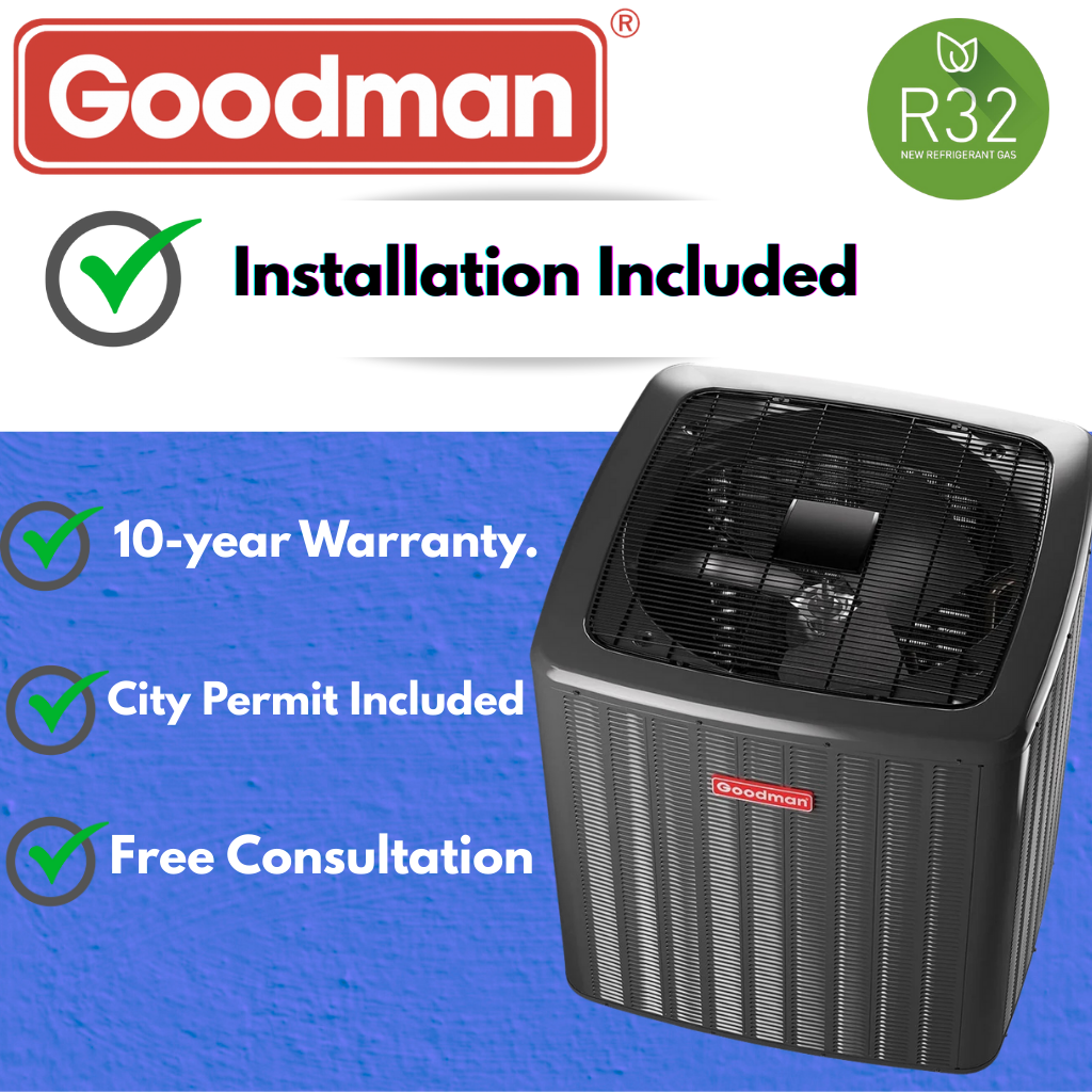 Goodman air conditioning unit with installation included text and features on a blue background