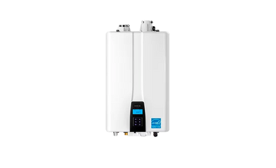 White water heater with digital display on a white background